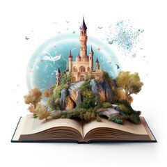 Open book with fairy tale castle on white background. © msroster