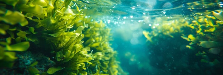 Fototapeta na wymiar Underwater Seaweed Forest with Cosmetic Background Generative AI