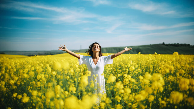 Beautiful woman in field of yellow flowers with the blue sky
