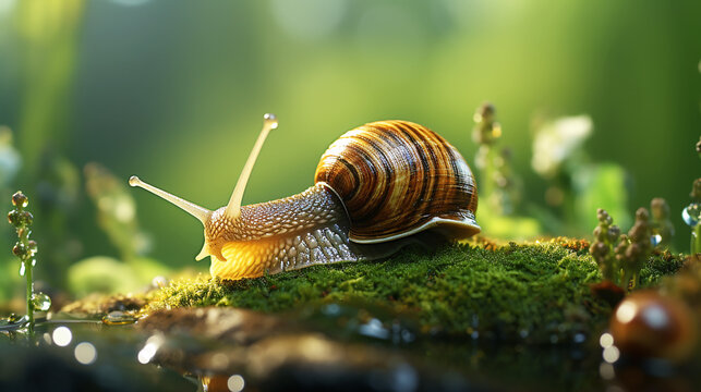 Close up of snail on log in the forest