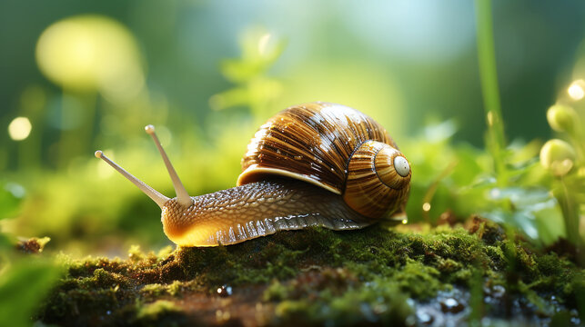 Close up of snail on log in the forest