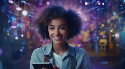 Black woman using tablet for social media connection in corporate office Generative AI