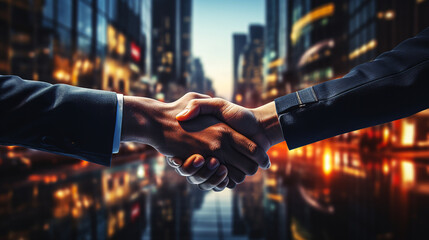 Double exposure of business handshake with city background