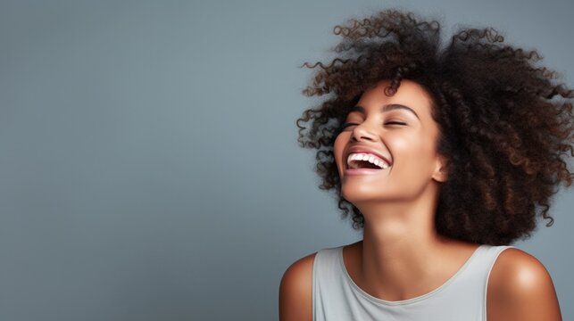Laughing black woman in studio Generative AI