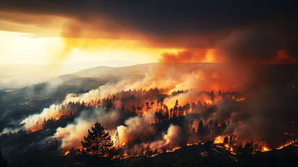Rural forests shrouded in smoke and forest fires - obrazy, fototapety, plakaty