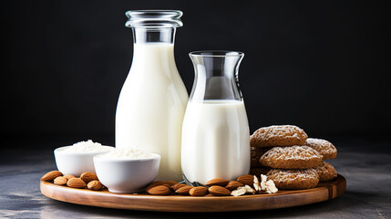 Almond milk in glass bottle with bread on table background