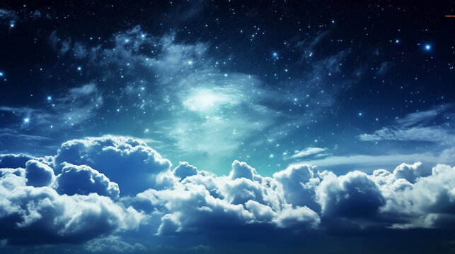 Panoramic view of light moon with clouds and stars