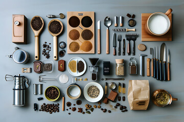 A table with various coffee brewing equipment, cups, spoons, and containers of coffee beans and other ingredients.