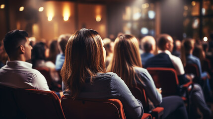Investors sit and listen with training in the lecture room - obrazy, fototapety, plakaty