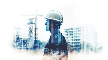 Double exposure of engineer and building construction on white background