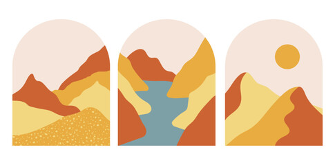 Set of boho mountains landscapes with blue river in the mid century arche. Modern terracotta and yellow vector illustration.