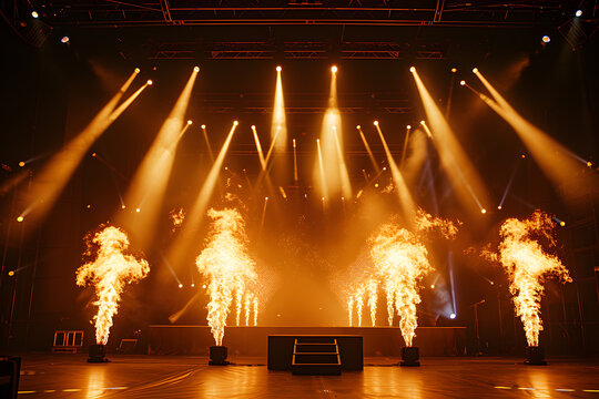 a stage with a dark background and yellow and orange spotlights shining down. 