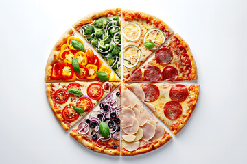 A pizza is cut into eight slices, with different toppings on each.