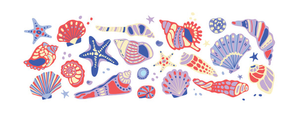 A large set of vector elements on a marine theme. Shells, starfish, pearls. Cartoon hand drawn style. Isolated elements on a white background, for the development of souvenirs, advertising, gift cards