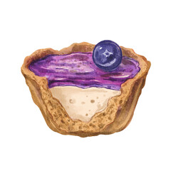 Berry basket with berry decoration. Watercolor illustration of a desert in basket with berries and lavender jelly. The illustrations are ideal for culinary design, dessert menus, confectionery brand.