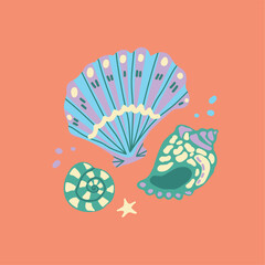 Vector illustration with sea creatures. Shell, starfish and pearl. Hand drawn cartoon style on a bright colored background. A set of isolated elements for decorating cards, souvenirs.