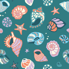 Vector seamless pattern with seashells and starfish, hand drawn vector isolated elements. A set of ornaments for the design of textiles, clothing, and interior. Cartoon hand drawn style.