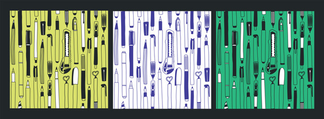 Set of vector seamless patterns on the theme of office supplies. Texture consisting of pens, pencils, markers, felt-tip pens, liners. Hand drawn style, doodle, sketching.