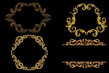 golden ornamental segment, foliage, round version for fourty five degree angle for corners or frames. 3D illustration, separated on black
