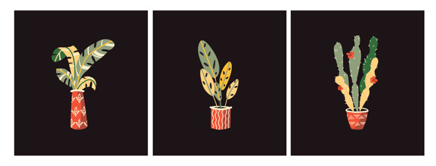 Vector illustration with cartoon hand drawn house plants in pots with ornaments. Set of vector isolated elements for the design of cards, advertising, banners, websites. Scandinavian decorative style.