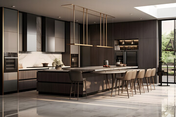 Interior of modern kitchen with wooden walls, concrete floor, gray countertops and wooden cupboards - Ai Generated