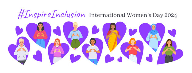 Inspire inclusion campaign pose. International Women's Day 2024 theme banner. Smiling diverse women make heart symbol with hands to stop discrimination and stereotypes. Gender equal inclusive world