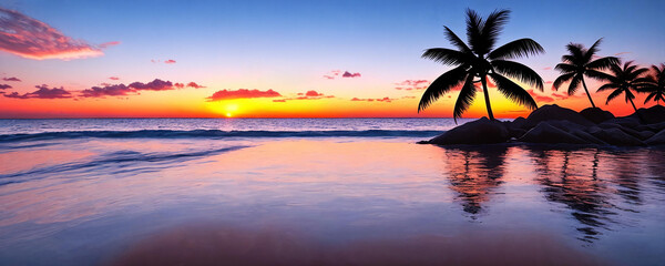 Fototapeta na wymiar Seascape panorama with palm trees at sunset. Generative AI.