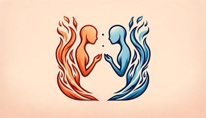 Artistic illustration of two stylized human profiles, one fiery red and one cool blue, resembling flames and water, symbolizing balance and duality.The concept of balance.AI generated.