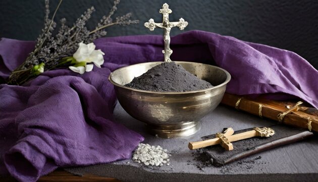Ash Wednesday Concept. Bowl with Ash and Holy Cross