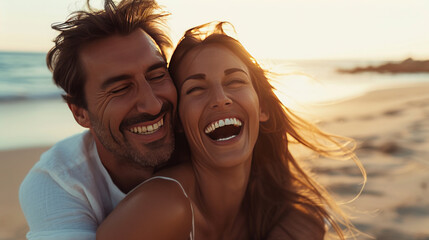 a couple in love laugh loudly against the background of the sea