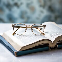 a pair of glasses and a book on wihte background 