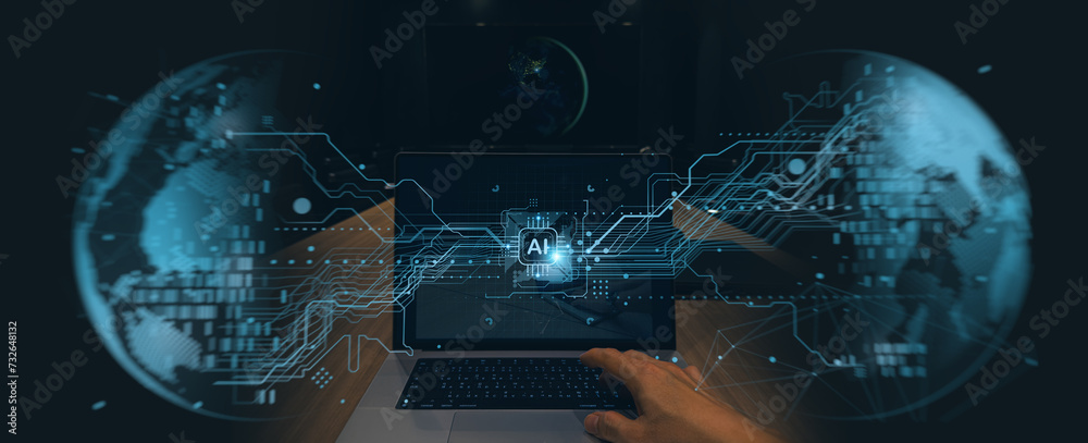 Leinwandbilder Artificial Inrelligence AI advancement using by person business hand wirh laptop computer to deep leaning,data analytics,security ,customer service to global network in modern office.