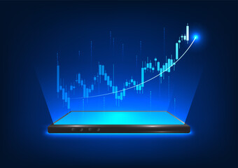 Smartphone technology that displays price graphs in the capital market Allows you to trade stocks via mobile phone and check the status of the price, Mobile phone that projects stock holograms
