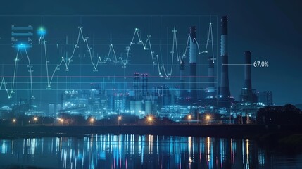 Market chart and stock index information against city lights and power plant. Dynamic banner for industry and financial success
