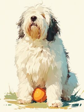 Illustration of Old English Sheepdog with Ball in Fur Generative AI