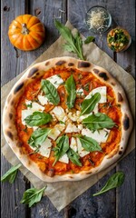 traditional Italian white pizza with taleggio cheese, caramelized pumpkin and arugula on the table