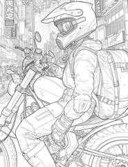 cyberpunk girl on futuristic motorbike. anistress coloring page