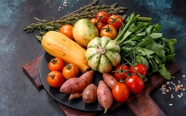 various fresh vegetables in a large plate sweet potatoes, yellow zucchini, tomatoes. harvesting, cooking