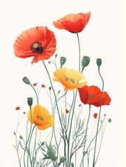 Vibrant Poppy Flower Group Illustration Generative AI