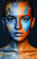 Woman with blue and orange face paint Two different characters