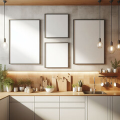 Frame mockup, mockup posters on the wall of a japandi kitchen. Diferents sizes, Interior mockup. Apartment background. Modern interior design. Japandi style 3D rendering