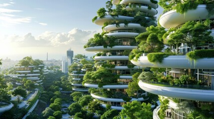 Obraz premium The city of the future with green gardens on the balconies