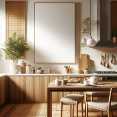 Fototapeta na wymiar Frame mockup, mockup poster on the wall of a japandi kitchen. Interior mockup. Apartment background. Modern interior design. Japandi style 3D rendering