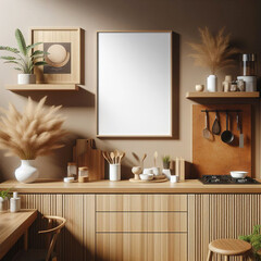 Frame mockup, mockup poster on the wall of a japandi kitchen. Interior mockup. Apartment background. Modern interior design. Japandi style 3D rendering