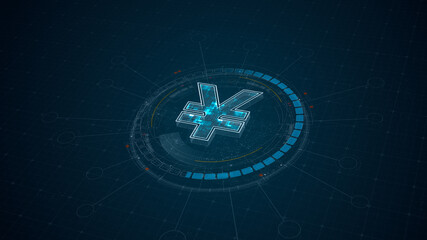 Blue digital money logo with 3D rotation HUD UI circle technology interface and futuristic elements abstract background crypto currency finance and digital money concepts