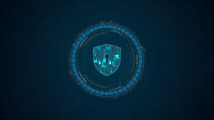 Blue digital security shield logo and circle futuristic HUD elements with network firewall technology and data secure concepts on circuit board abstract background