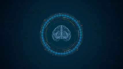 Blue digital robot brain logo and circle futuristic HUD elements with Ai chatbot and machine learning technology and ai assistance concepts on circuit board abstract background