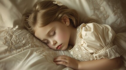 Obraz na płótnie Canvas Cute little girl sleeping on bed with soft pillows at home