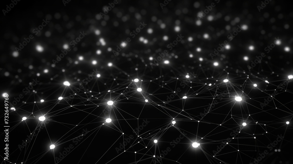 Poster dynamic interlacing lines and dots: abstract grid on dark background, 3d render