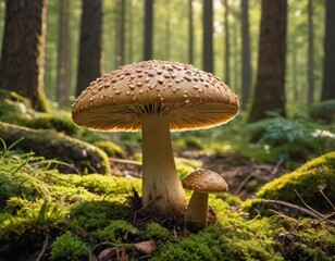 Wild Culinary Wonder: Fresh Mushrooms in Sunlit Forest